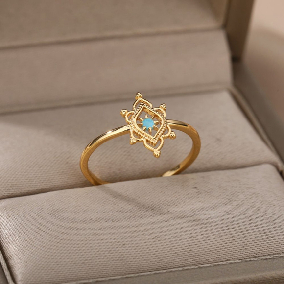 NEW Women's Blue Hexagon Star Flower Gold-Plated Band Ring Size‎ 7 - Picture 3 of 8